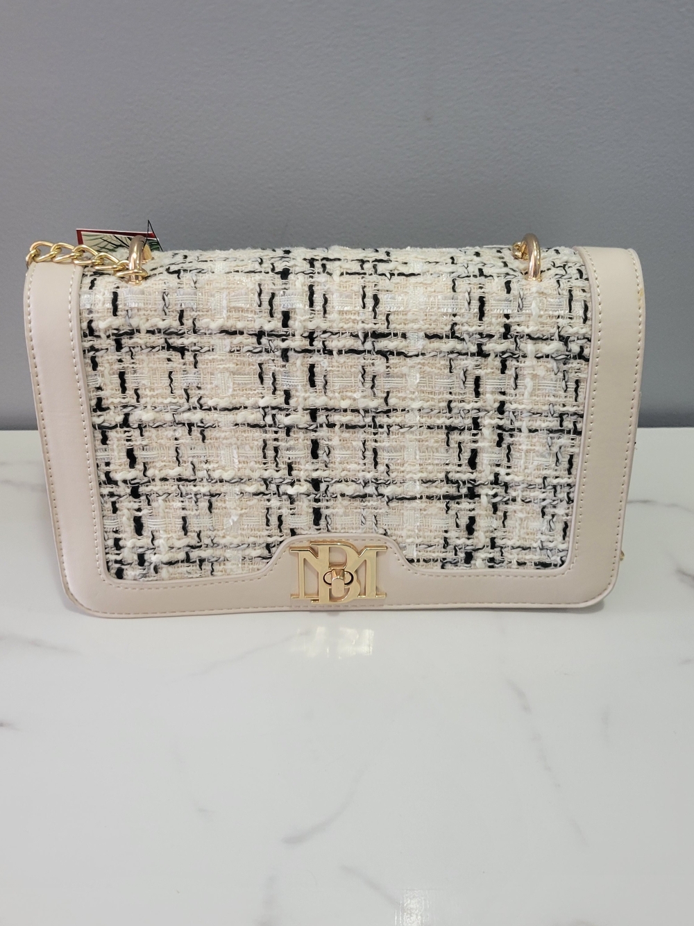 Badgley Mischka Cream Tweed Crossbody with Gold Hardware
